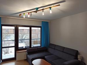a living room with a couch and two windows at Apartament przy Stoku in Krynica Zdrój