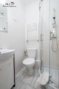 een witte badkamer met een toilet en een douche bij J&J Apartments - Szeroka 25, Apartament 5B in Toruń