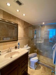 a bathroom with a toilet and a sink and a shower at Large luxurious direct ocean front Penthouse or Deluxe 1 BR ocean front condo-Beach access- Free parking- Remodeled in Miami Beach +94 photos