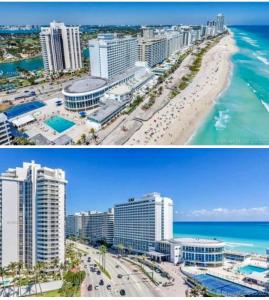 zwei Fotos von einem Strand und einer Stadt in der Unterkunft Large luxurious direct ocean front Penthouse or Deluxe one bedroom ocean front condo-free parking in Miami Beach