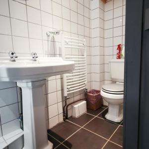 a bathroom with a sink and a toilet at Rooms by the River at Glan Aber in Cynwyd +42 photos