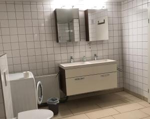 ein Bad mit einem WC, einem Waschbecken und einem Spiegel in der Unterkunft Krone in Dolgesheim + 8 Fotos