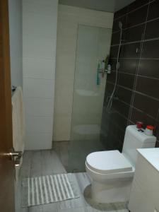 a bathroom with a white toilet and a shower at AMG Suites Apartment in Santo Domingo