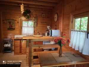 a kitchen with a counter in a log cabin at Chatki Saturnina i pokoje in Świnoujście
