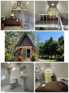 a collage of photos of a house with a bed and a toilet at บ้านภัทร์จรัส น่าน - Baan Patjarad Nan in Ban Fai Kaeo