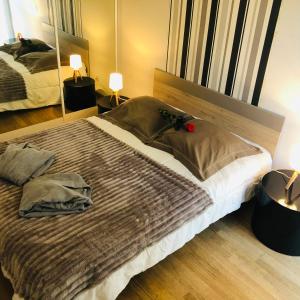 Ένα ή περισσότερα κρεβάτια σε δωμάτιο στο Appartement Sous le Soleil vue mer, parking inclus , clim ,wifi