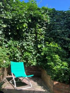 una silla verde sentada frente a un seto en COMME UNE MAISON, duplex terrasse hypercentre de Trouville, en Trouville-sur-Mer