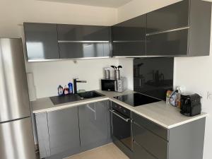uma cozinha com electrodomésticos de aço inoxidável e armários pretos em Charmant T2 avec grande terrasse au calme em Saint-Jean-de-Védas