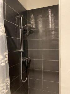 La salle de bains est pourvue d'une douche avec du carrelage noir. dans l'établissement Gite l ORIGINE, à Ornans