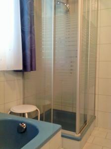 a bathroom with a shower with a blue sink at s'Hoamatl in Neukirchen am Großvenediger