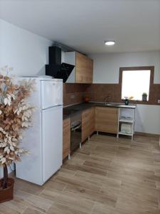 a kitchen with a white refrigerator and wooden cabinets at Apartment Taliarte 36 in Vecindario