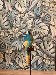 a bird sitting on a stand in front of a wall at Chambre Cocoon dans une maison avec SPA et jardin en centre ville in Dijon