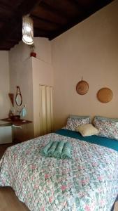 伊波蘭加的住宿－Canto do Sabiá PETAR Hospedagem Familiar，一间卧室配有一张大床和彩色床罩