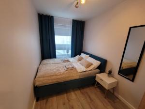 niewielka sypialnia z łóżkiem i oknem w obiekcie Apartament Warszawska 26 - Klimatyzacja w mieście Gorzów Wielkopolski
