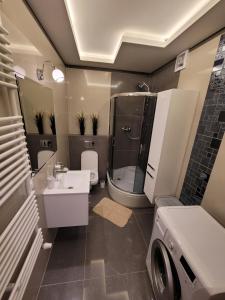 La salle de bains est pourvue d'une douche, de toilettes et d'un lavabo. dans l'établissement Apartament Warszawska 26 - Klimatyzacja, à Gorzów Wielkopolski