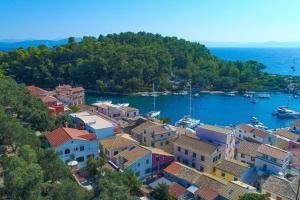 an aerial view of a harbor with boats in the water at Villa Eleni Paxos in Gaios