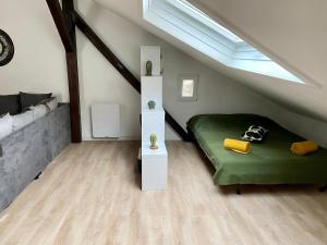 a attic bedroom with a green bed and a skylight at Authentic Loft - 10 min to the city center in Schiltigheim