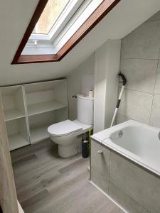 een badkamer met een toilet en een bad bij Authentic Loft - 10 min to the city center in Schiltigheim