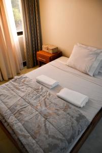 - un lit avec 2 oreillers blancs et une fenêtre dans l'établissement Cristina´s Home Natural Feelings, à Matola