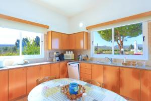 a kitchen with wooden cabinets and a table and two windows at The Vines in Lachi