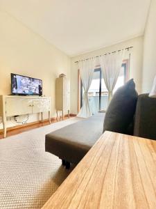 a living room with a couch and a flat screen tv at University of Minho- INL Campus Gualtar Apartment 2 in Braga