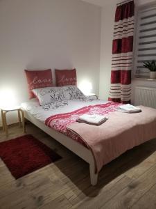1 dormitorio con 1 cama grande con almohadas rojas y blancas en APARTAMENT ADAMENTIS LUBAWA en Lubawa
