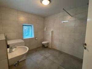 uma casa de banho com um lavatório e um WC em Ferienwohnung Nordsauerland em Lennestadt