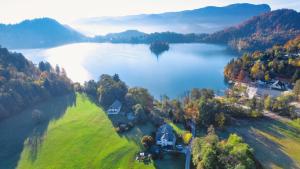 una vista aérea de una casa en una isla en un lago en Lake House Sebanc, en Bled