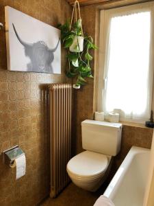 a bathroom with a toilet and a radiator and a picture of a bull at Chalet Pironnet with BEST Views, Charm and Comfort! in Lauterbrunnen