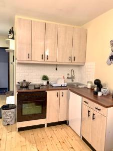 a kitchen with wooden cabinets and a stove top oven at Ski-in & Ski-out, Apartman Filip - 30m from GONDOLA Brzeće in Kopaonik +12 photos