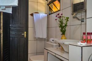 W łazience znajduje się toaleta, umywalka i lustro. w obiekcie Pousada da Elma - Praia w mieście Trancoso