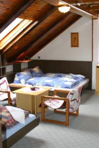 1 dormitorio con 1 cama, mesa y sillas en Pension U Vlášků, en Karlovy Vary
