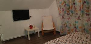 a bedroom with a bed and a chair and a tv at La Anda in Ruşca