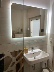 uma casa de banho com um lavatório e um espelho em NEU: Grüne Idylle nahe Hauptbahnhof & Hufeisensee em Halle an der Saale