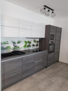 uma cozinha com um frigorífico e electrodomésticos em aço inoxidável em Sunset Apartman em Siófok