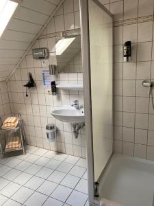 a bathroom with a shower and a sink at Landpension Heidi Machold in Weißenstadt