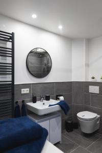 ein Badezimmer mit Waschbecken, Toilette und Spiegel in der Unterkunft Ferienwohnung Landblick in Emmelsbüll-Horsbüll + 11 Fotos