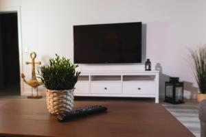 ein Wohnzimmer mit einem TV und einer Fernbedienung auf dem Tisch in der Unterkunft Ferienwohnung Landblick in Emmelsbüll-Horsbüll