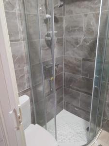En suite bedrooms, Heaton, Newcastle في نيوكاسل: حمام مع دش مع مرحاض