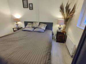 - une chambre avec un grand lit et des oreillers bleus dans l'établissement 2 -3 persoons chalet in bosrijk park Kempenbos-Duc de Brabant, à Diessen