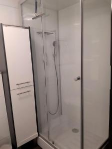 a bathroom with a shower with a glass door at Westwind in Eggstedt