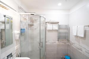 un bagno con doccia con porta in vetro di Archi di Roma Guest House a Roma