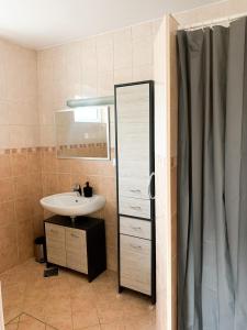 a bathroom with a sink and a mirror at Lovely basement rental in Bled