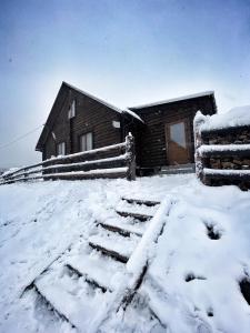 una cabaña de madera en la nieve con una casa en Cottage Marko, en Lazeshchyna