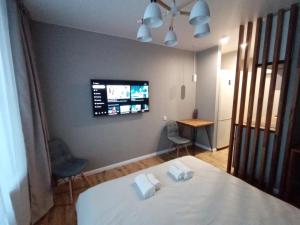 a room with a bed and a tv on the wall at CozyStudio in Obninsk