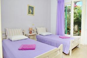 2 Betten in einem Zimmer mit lila Vorhängen und einem Fenster in der Unterkunft Babis - LOGGOS APARTMENTS in Longós