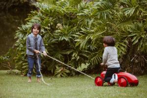 twee kinderen spelen met een speelgoedauto in het gras bij Casa Marambaia Hotel in Petrópolis