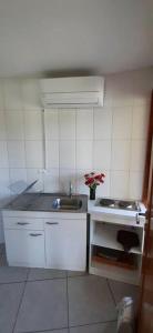a small kitchen with a sink and a stove at Cabaña del Rio in Peralillo