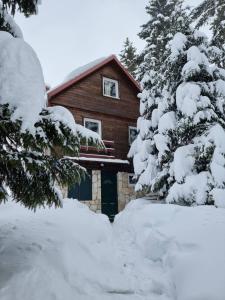 una cabaña de madera con una pila de nieve delante de ella en Chalet Escapade with Sauna en Žabljak