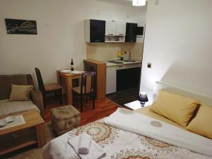 Vrnjačka BanjaにあるApartman Zvezdicaのリビングルーム(ベッド1台付)、キッチンが備わります。